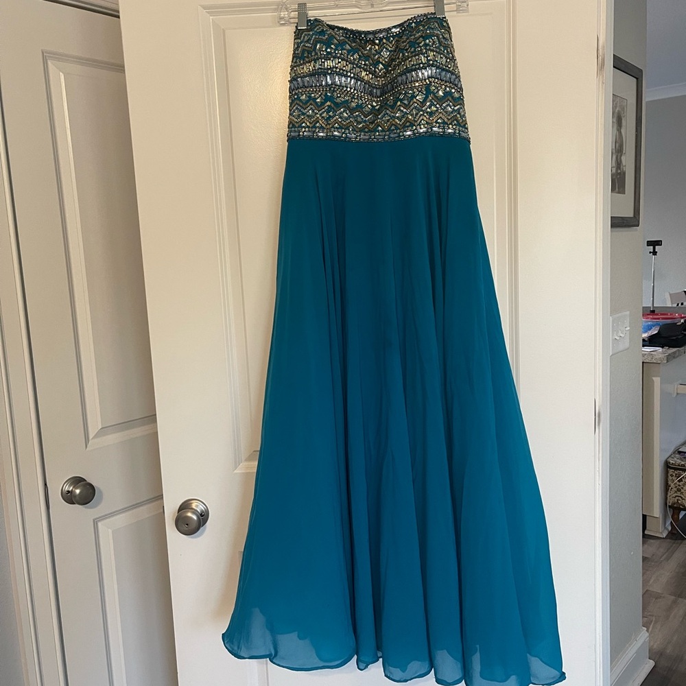 Madison James Strapless Teal and Silver Dress